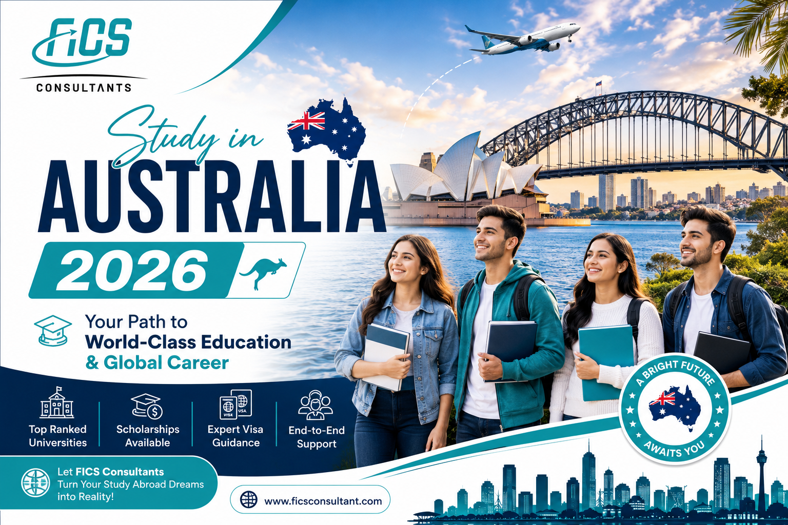 Study in Australia 2026 with FICS Consultants – Australia Student Visa, University Admission & Scholarship Guidance