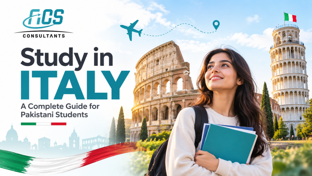 FICS Consultants Study in Italy guide for Pakistani students featuring Italian landmarks and a student